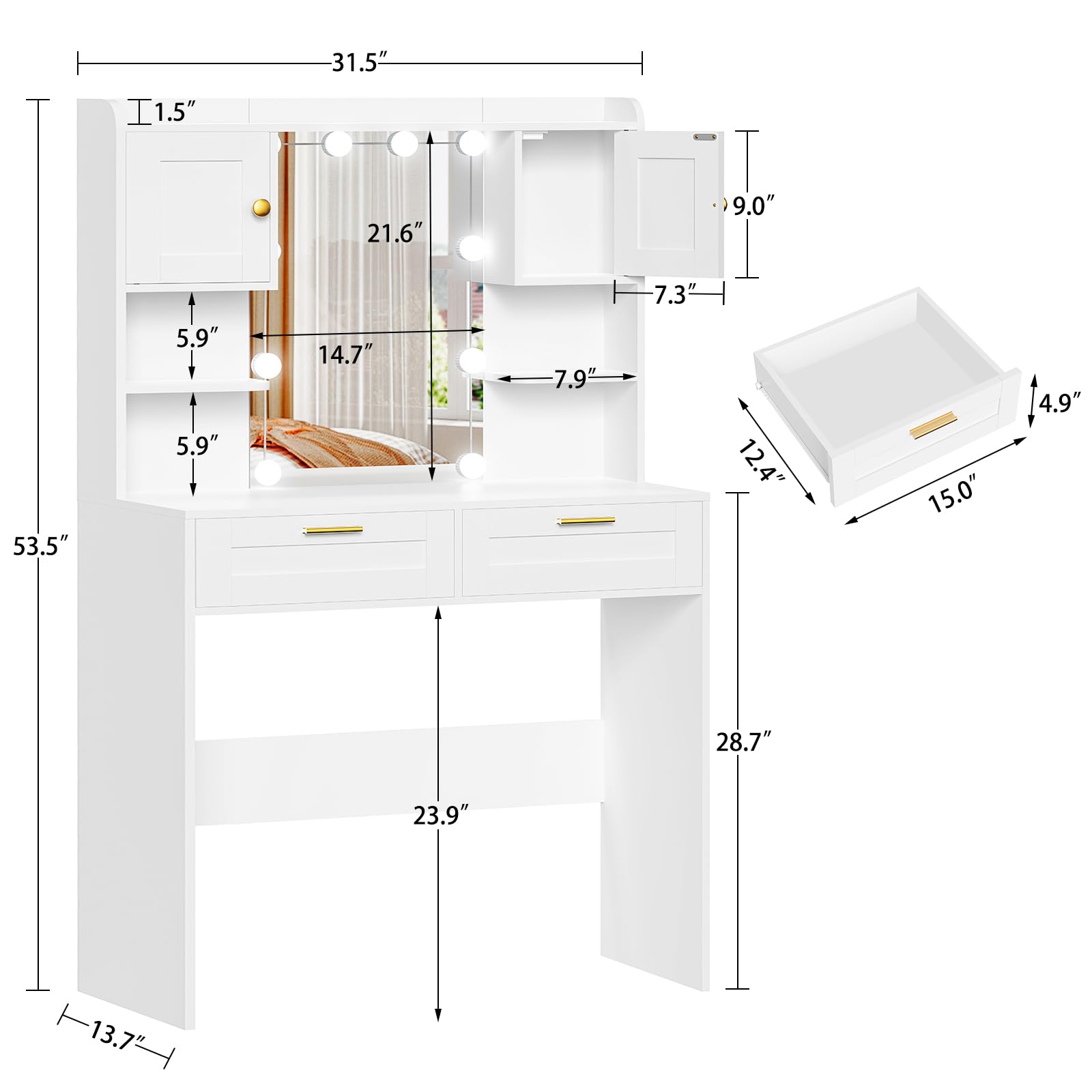 usikey Vanity Desk with Mirror and Lights, Makeup Vanity Table with 2 Drawers, 2 Cabinets & 2 Shelves, Vanity Desk, Vanity Table for Girls Women, Bedroom, White