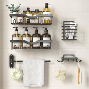 almaybe shower caddy adhesive, 5 pack corner bathroom shelves rack rustproof stainless steel bath organizers with 12 hooks large capacity, no drilling shelves for storage&home decor&kitchen…