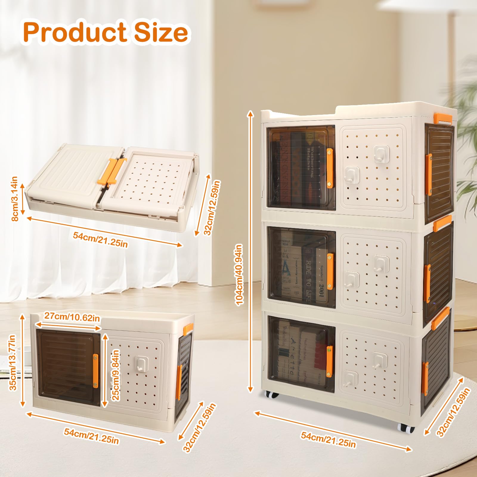 FZANVAN Collapsible Plastic Storage bin with Doors, pegboard, Hooks, and Wheels, Easy to Move, Suitable for Living Room, Bedroom, Laundry Room, and Small Spaces