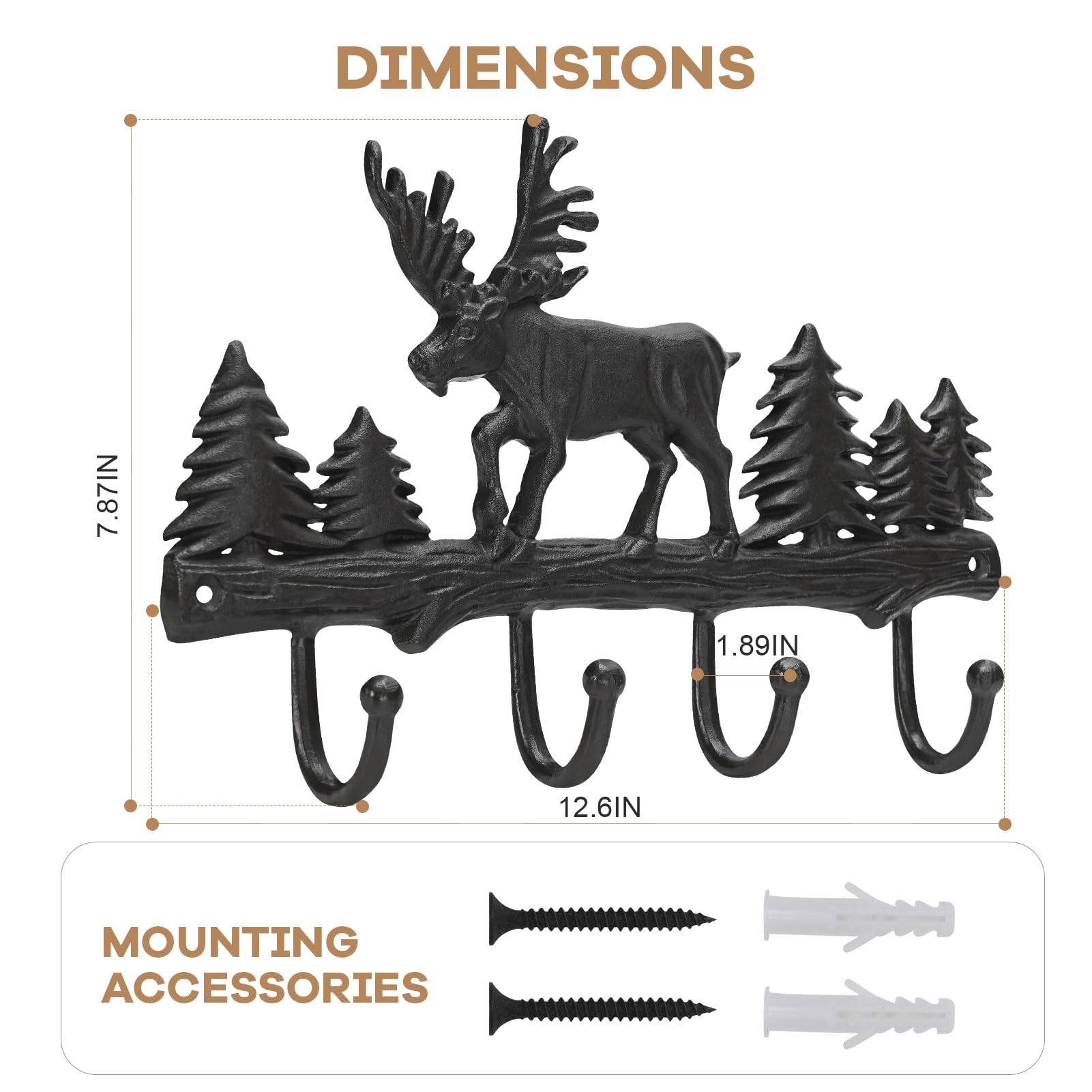 TECANA Heavy Duty Coat Rack Wall Mount - Cast Iron Moose Deer Coat Hooks Wall Mount | Black Decorative Wall Hooks for Entryway