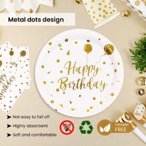 168PCS Happy Birthday White and Gold Party Supplies,Disposable Party Decorations Paper Plates Napkins Cups Plastic Forks Knives Spoons for Birthday Graduation Bridal Shower-24 Guests