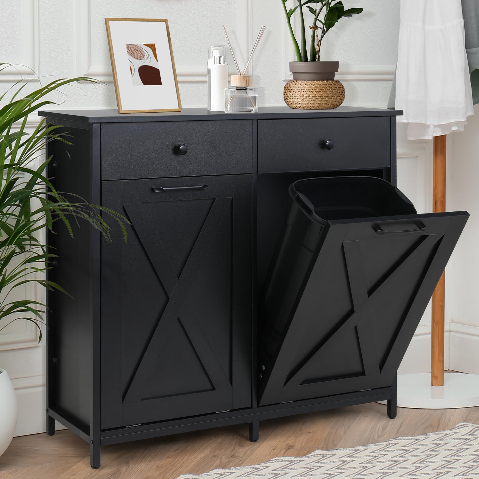 MAMIZO Double Tilt Out Trash Cabinet 10 Gallon*2,Kitchen Garbage Cabinet,Pet-Proof Standing Hidden Dual Laundry Sorter,W/Hideaway Drawer,for Kitchen,Living,Dining Room (Black)