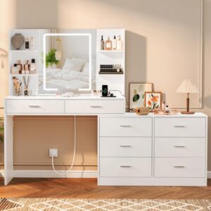 quimoo 65.9'' vanity desk with led lighted mirror & power outlet, modern corner makeup vanity table with 8 drawers & open shelves, dressing table for bedroom, makeup room