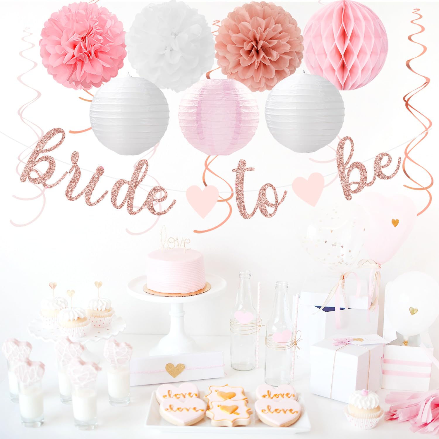 Light-Pink Rose-Gold Bachelorette Party-Decorations - 21pcs Baby Bridal Shower Banner Garland, Bride To Be Paper Streamers Lanterns,flower Tissue Pom Poms Fan Supplies,Wedding Backdrop Decor Huglony