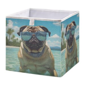 ymgqyj collapsible storage cube beach pug print, organizing baskets with reinforced board for shelf closet cabinet 11×11×11 in