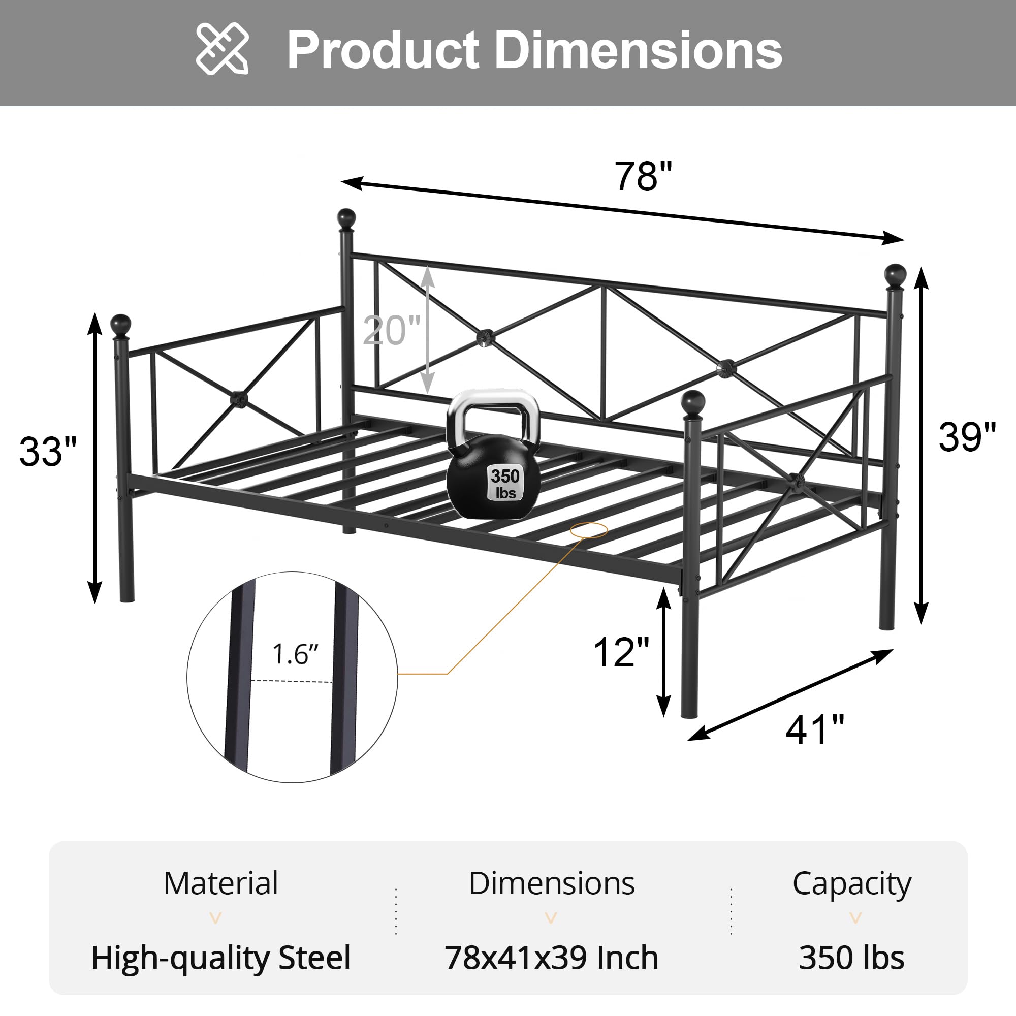 VECELO Twin Daybed with Headboard, Heavy-Duty Metal Slats Support, Sofa Bed Platform Mattress Foundation for Living Room, Guest Room, Easy Assembly, Black