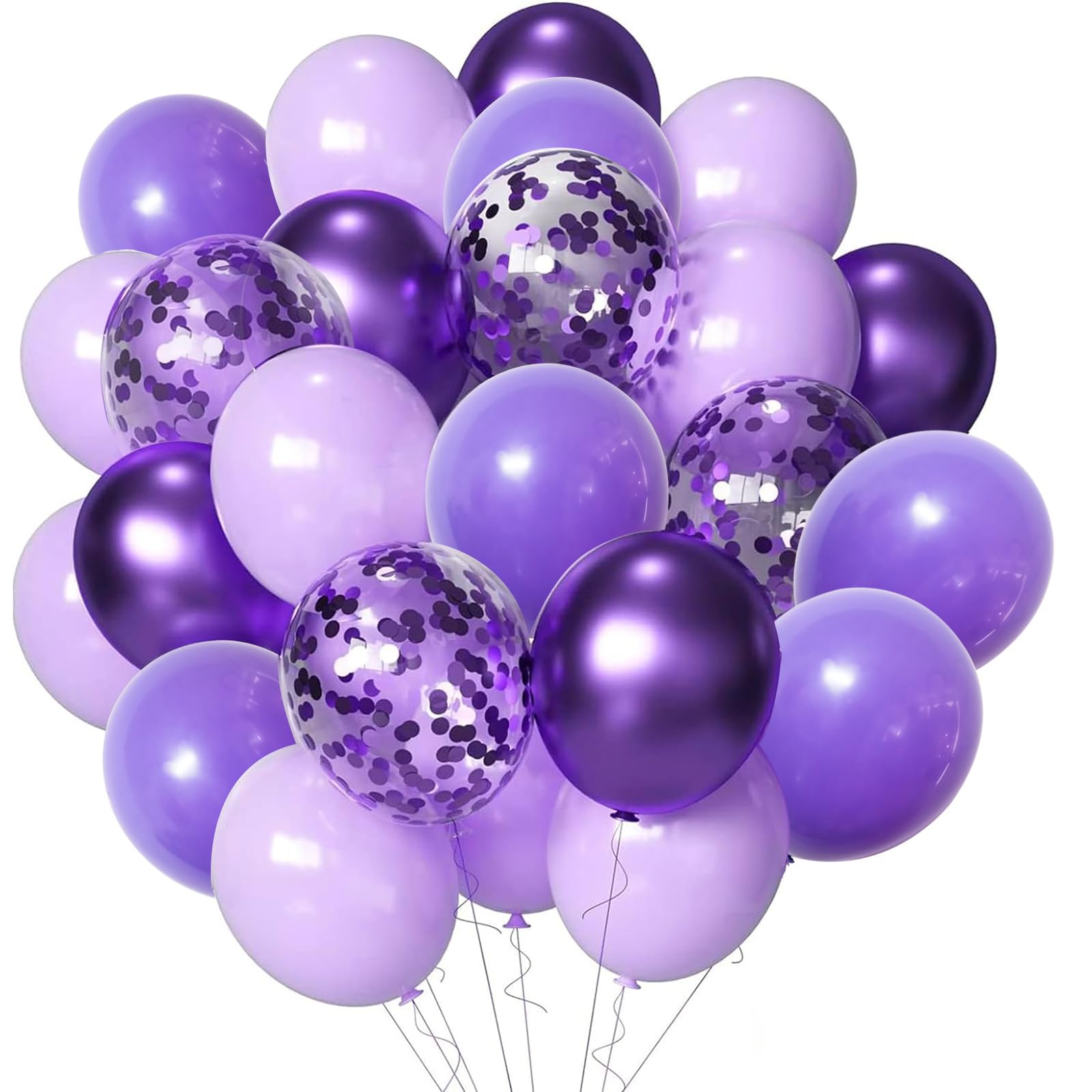 55pcs Metallic Purple Premium Latex Lavender Lilac Balloons 12 inches and Purple Confetti Balloons with Ribbons Set for Birthday Bridal Shower Wedding Party Decorations