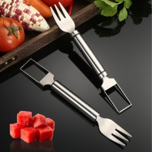 2pcs Stainless Steel Fruit Cutter, Watermelon Fork Slicer Cutter, 2 in 1 Cutting Tool for Kitchen Camping Party, Sanding Texture. Comfortable Grip, Smooth and Polished (2 Upgraded)