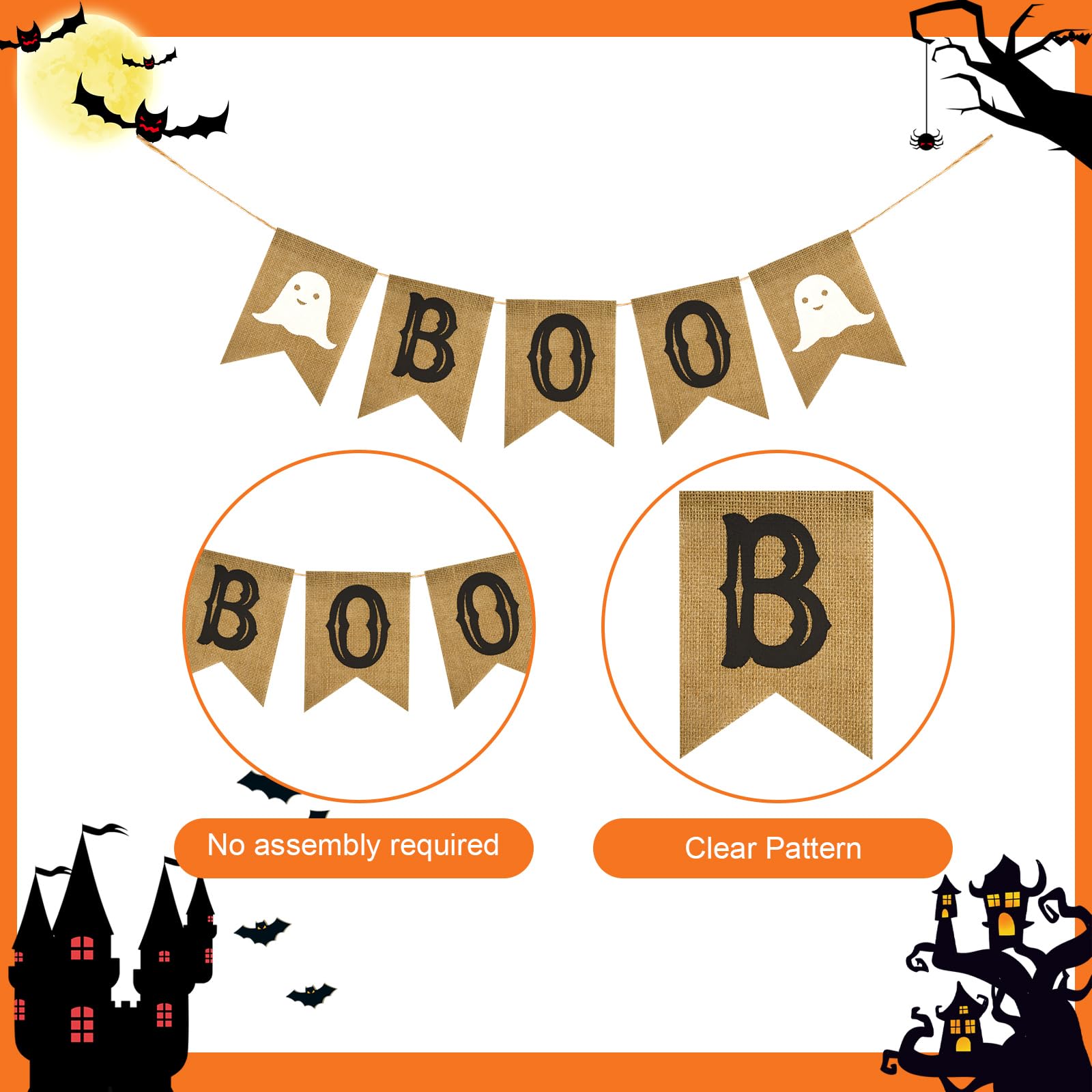 jijAcraft BOO Halloween Banner, Burlap Halloween Bunting Banner with BOO and Ghost, Happy Halloween Decorations Banner for Indoor Fireplace Wall Porch and Outdoor Halloween Party Decoration