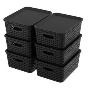 Waikhomes 6 Pack Plastic Storage Baskets Bins with Lid, Stackable Lidded Storage Containers for Organizing, Black