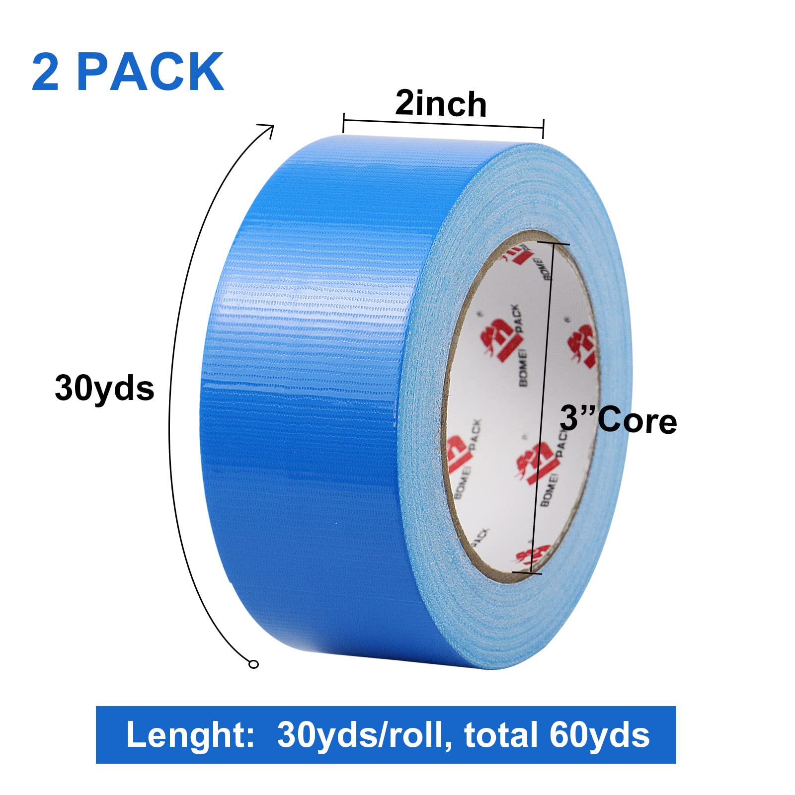 BOMEI PACK 3 Pack Blue Duct Tape Heavy Duty,2 Inch x 30 Yards,9 Mil Thick Heavy Duty Blue Tape Duct,Waterproof,No Residue,Flexible,Tear by Hand,Industrial Grade for Repairing,Fxing