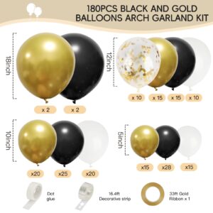 RUBFAC 180pcs Black and Gold Balloons, Balloons Garland Arch Kit 5 10 12 18 inch Black White Metallic Gold Confetti Latex Balloons for Graduation Birthday Baby Shower Wedding