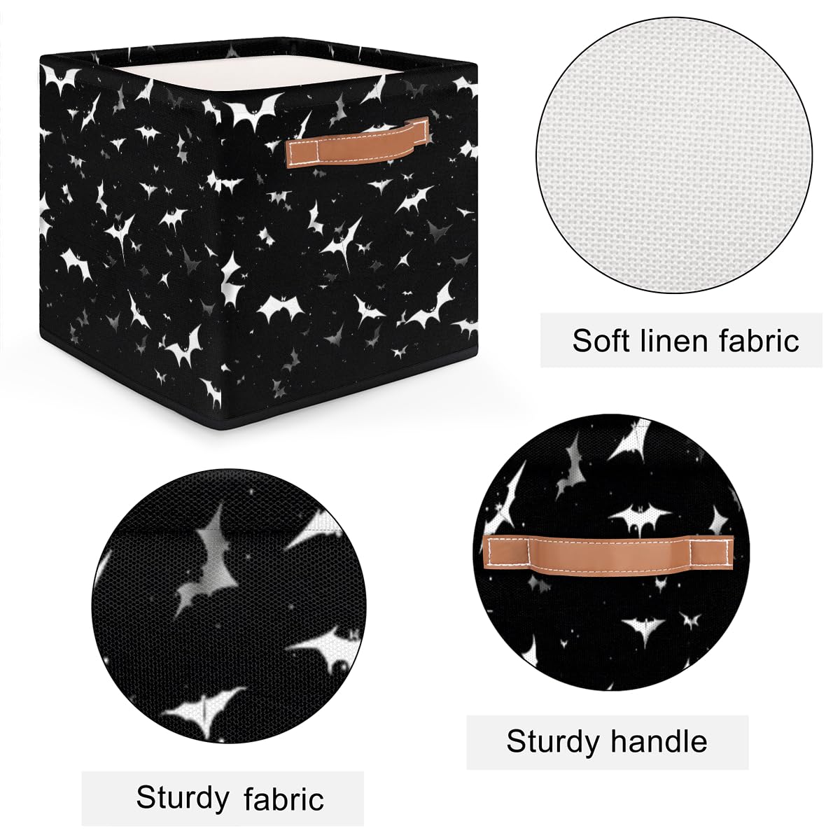 Skonsati Black White Bat Cube Storage Bin 13 inch Fabric Storage Baskets Collapsible Storage Cube Bins Organizer Containers with Leather Handles for Home Closet