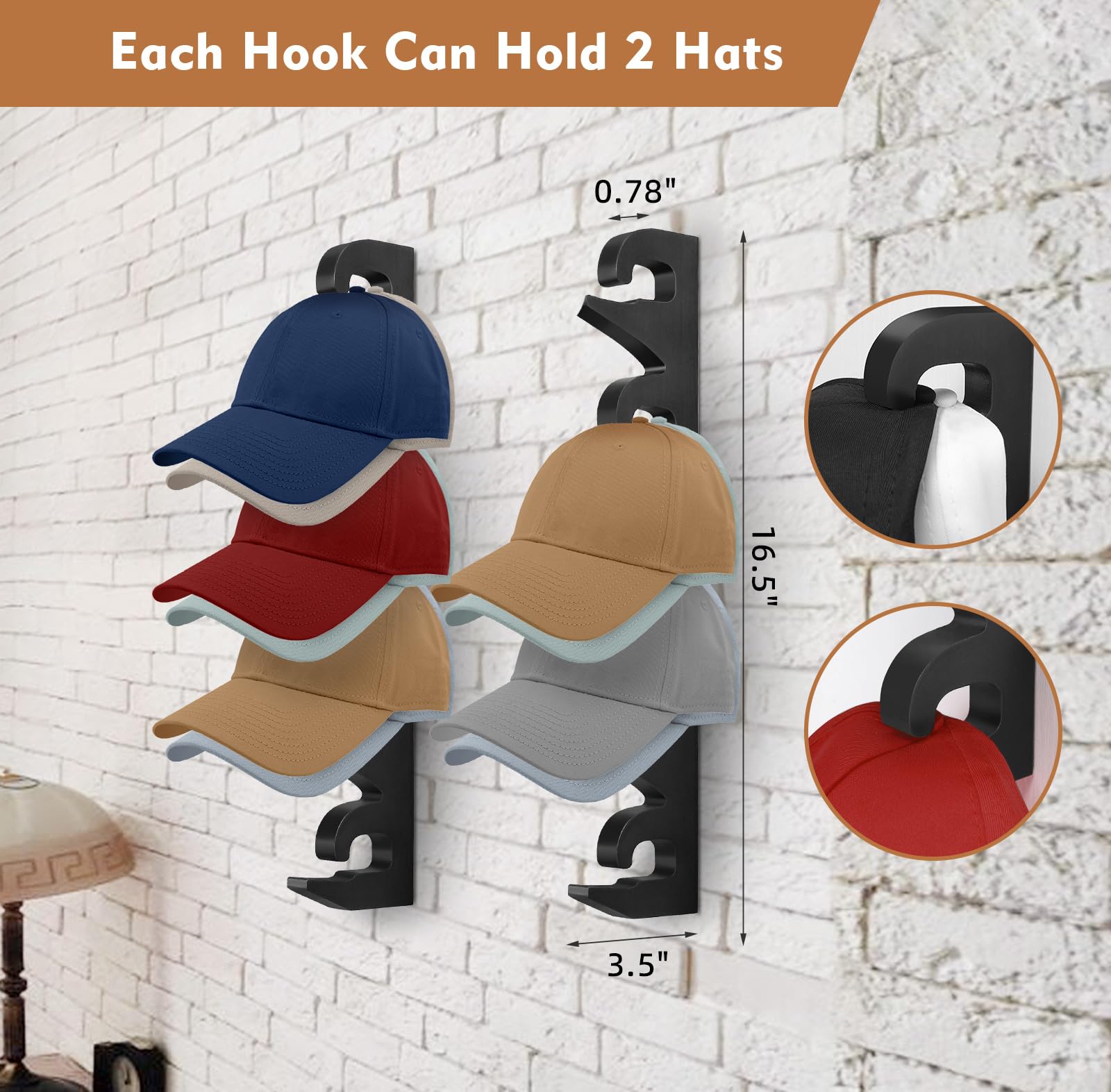 Hat Rack Hat Organizer for Baseball Caps Wood Hat Storage Hat Hooks for Wall Baseball Hat Storage Organizer Hat Display Up to 20 Hats for Closet Wall, Set of 2