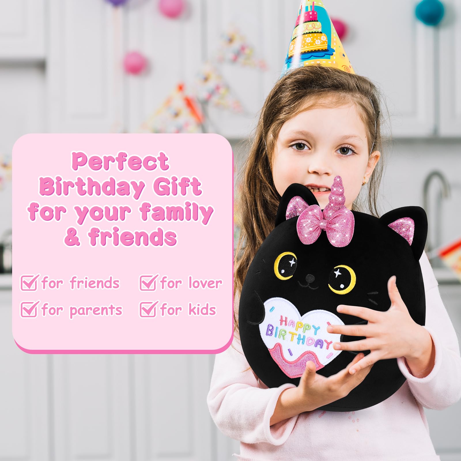 Happy Birthday Gift Black Cat Plush Toys-11'' Black Cat Plushies Anime Plush-Kawaii Birthday Plushie Stuffed Animals Cute Plushies, Black Cat Plush Pillow Cat Plushie Birthday Gifts for Kids