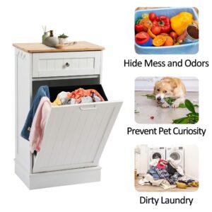 Spurgehom 13 Gallons Tilt Out Trash Cabinet Kitchen Waste Bins Free Standing Laundry Hamper Recycling Cabinet Trash Can Holder with Hideaway Drawer Pet Proof Trash Can for Living Room, White