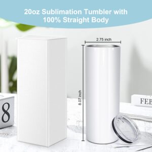 CHLJAR 10 Pack Sublimation Tumblers, 20oz Straight Skinny Stainless Steel Insulated Sublimation Tumbler Blank with Individual Boxed and Bottom Rubbers