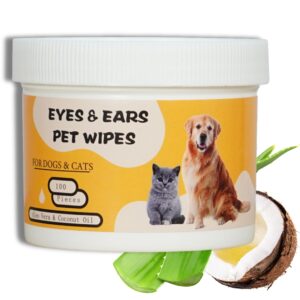 leo pet supplies - eye & ear wipes for pets - (100 count) - cleanser for dogs and cats, non-irritating ingredients; aloe essence and coconut oil, specially formulated, everyday use, unscented