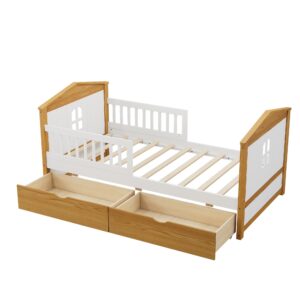 Harper & Bright Designs Twin Size House Shape Bed with Two Drawers Wooden Bed Frame for Boys Girls Kids Adults Toddler Teens, No Box Spring Needed, Walnut and White