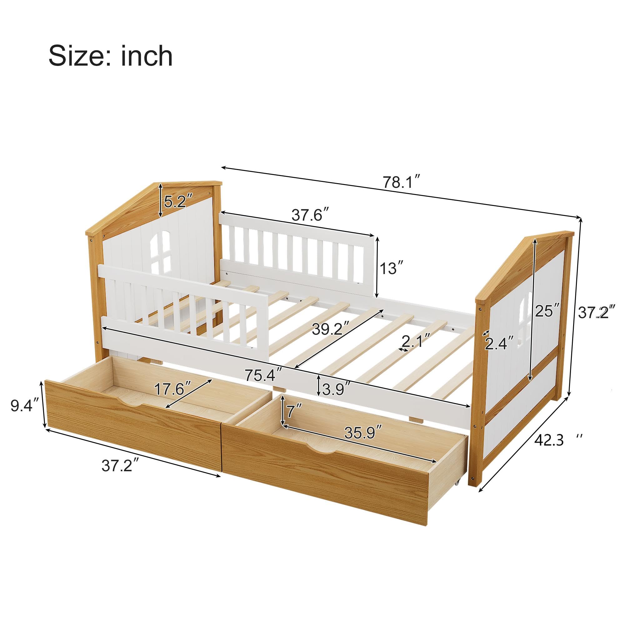 Harper & Bright Designs Twin Size House Shape Bed with Two Drawers Wooden Bed Frame for Boys Girls Kids Adults Toddler Teens, No Box Spring Needed, Walnut and White