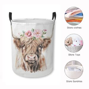 Laundry Basket Pink Floral Highland Cow Collapsible Laundry Hamper with Handles Clothes Storage Bin for Household Bedroom Bathroom College Dorms