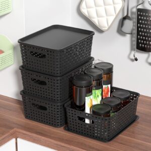 Waikhomes 6 Pack Plastic Storage Baskets Bins with Lid, Stackable Lidded Storage Containers for Organizing, Black