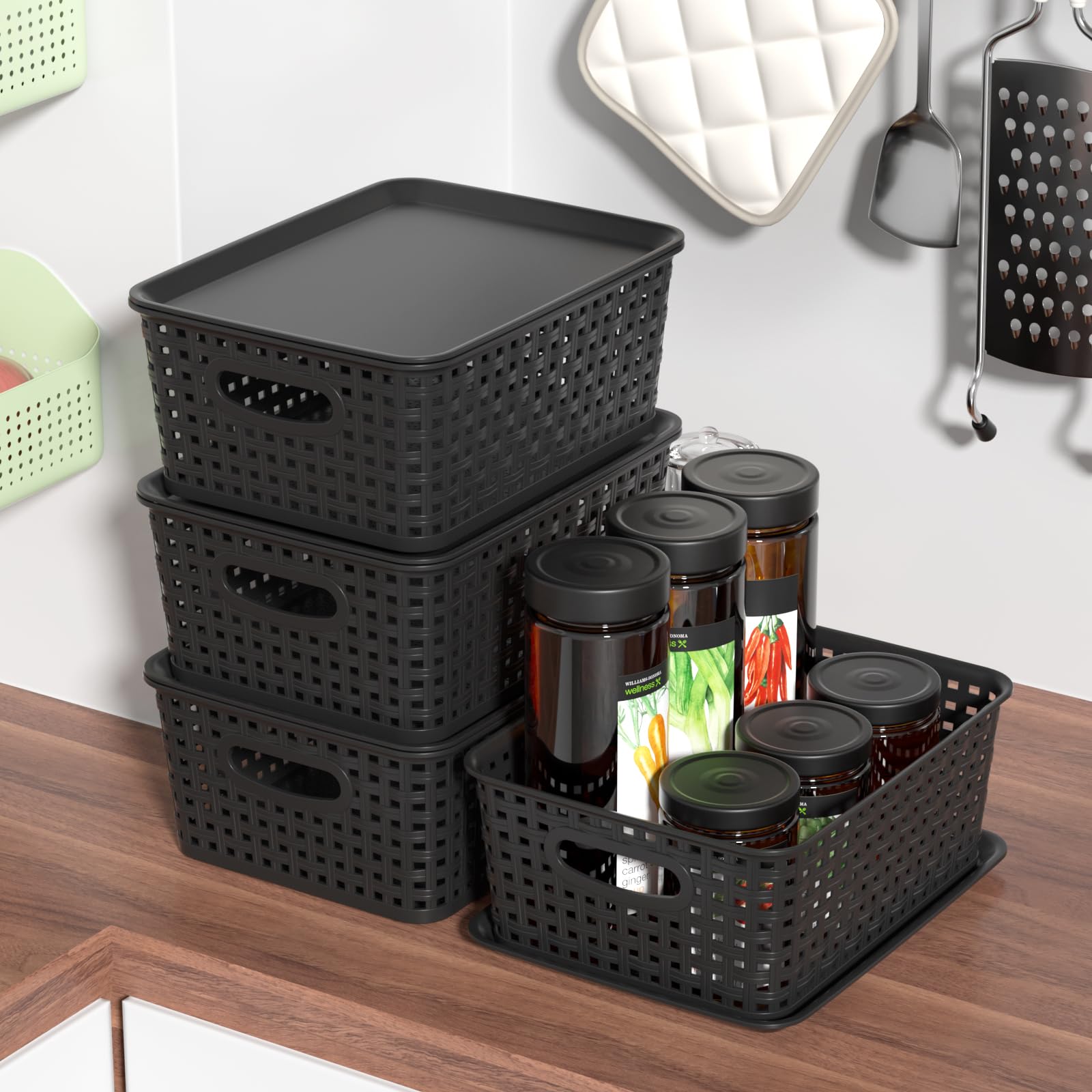 Waikhomes 6 Pack Plastic Storage Baskets Bins with Lid, Stackable Lidded Storage Containers for Organizing, Black