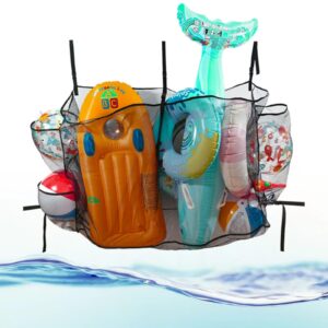 pool float storage bag,adjustable pool toys organizer hanging mesh bag with 3 side pockets for rafts,balls,floats,inflatable toys,extra large pool toy storage net bag pouch,swimming pool accessories