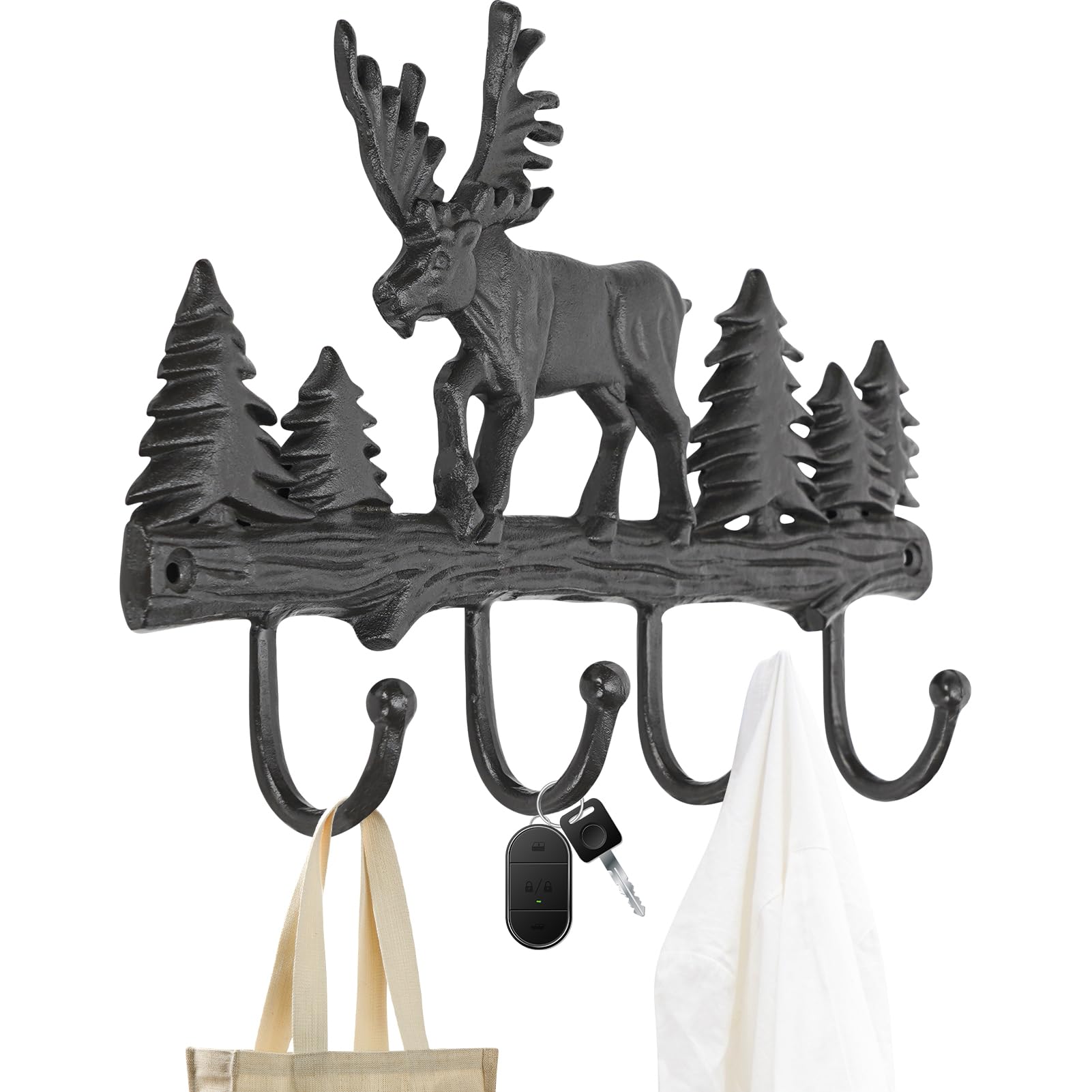 TECANA Heavy Duty Coat Rack Wall Mount - Cast Iron Moose Deer Coat Hooks Wall Mount | Black Decorative Wall Hooks for Entryway