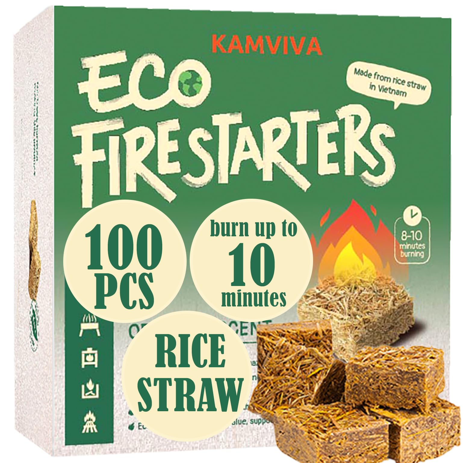 KAMVIVA Fire Starter for Fireplace, Made from Rice Straw, Burn Up to 10 Minutes, 100 Squares Natural Firestarter for Charcoal, Chimney, Pellet, Fatwood, BBQ Grill, Camping, Wood Stove, Tumbleweed