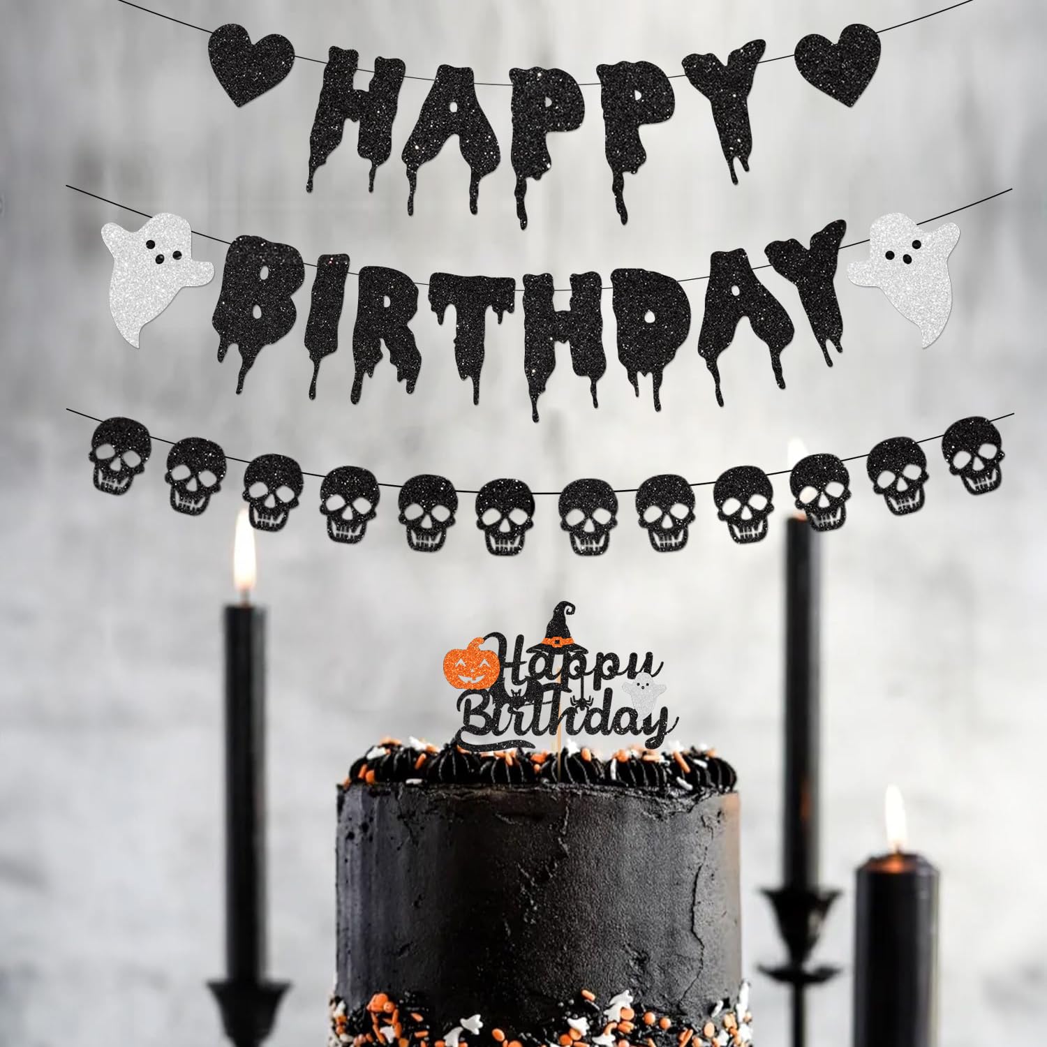 Black Glitter Halloween Birthday Banner Black Heart Skull Garland Halloween Happy Birthday Decorations for Halloween Birthday Party Decorations Theme Baby Shower Supplies