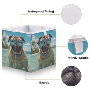 YMGQYJ Collapsible Storage Cube Beach Pug Print, Organizing Baskets with Reinforced Board for Shelf Closet Cabinet 11×11×11 in