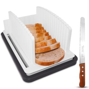 sliceelite bread slicer for homemade bread with adjustable width - effortless & consistent slices, folds flat for compact storage, built-in crumb tray & bonus 8-inch serrated bread knife!