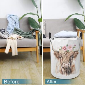 Laundry Basket Pink Floral Highland Cow Collapsible Laundry Hamper with Handles Clothes Storage Bin for Household Bedroom Bathroom College Dorms