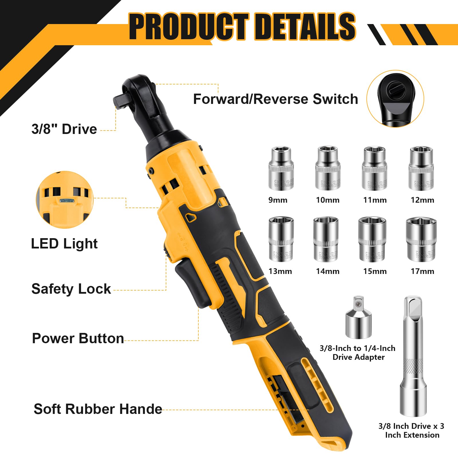 Daspom Cordless Ratchet Wrench 3/8", Electric Ratchet Wrench for DEWALT 20V MAX Battery, 45Ft-Lbs 320RPM with Variable Speed, 3/8" to 1/4" Sealed Head Ratchet, Bare Tool Only