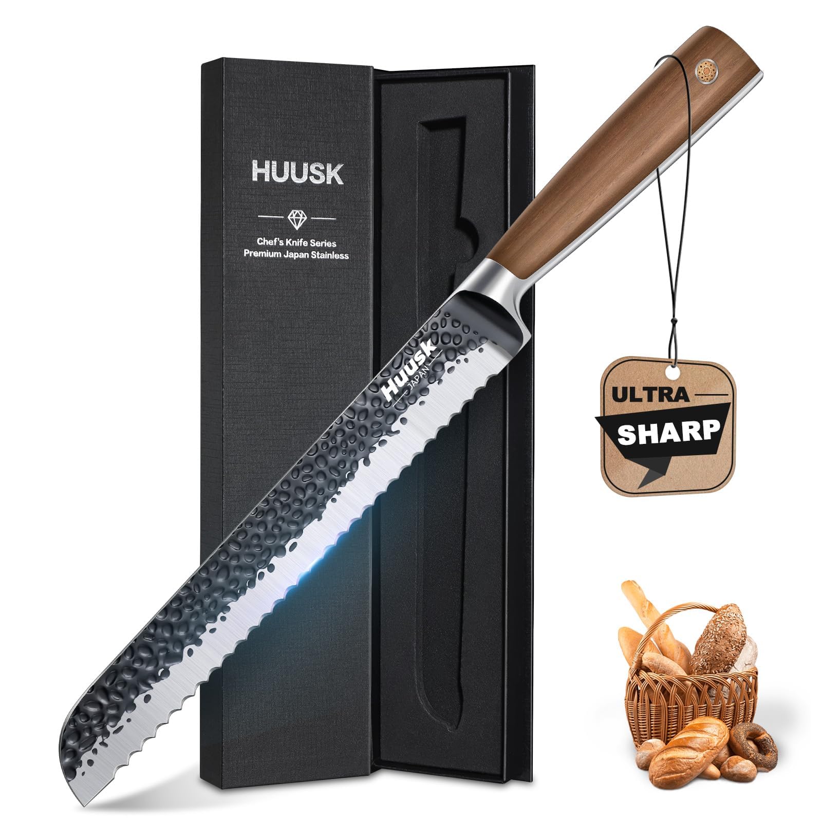 Huusk Bread Knife 8 Inch,Serrated Bread Knife for Homemade Bread Sourdough,Japanese Bread Cutting Knife with Wavy Edge for Efficient Slicing,Serrated Knife with Gift Box for Mom Dad