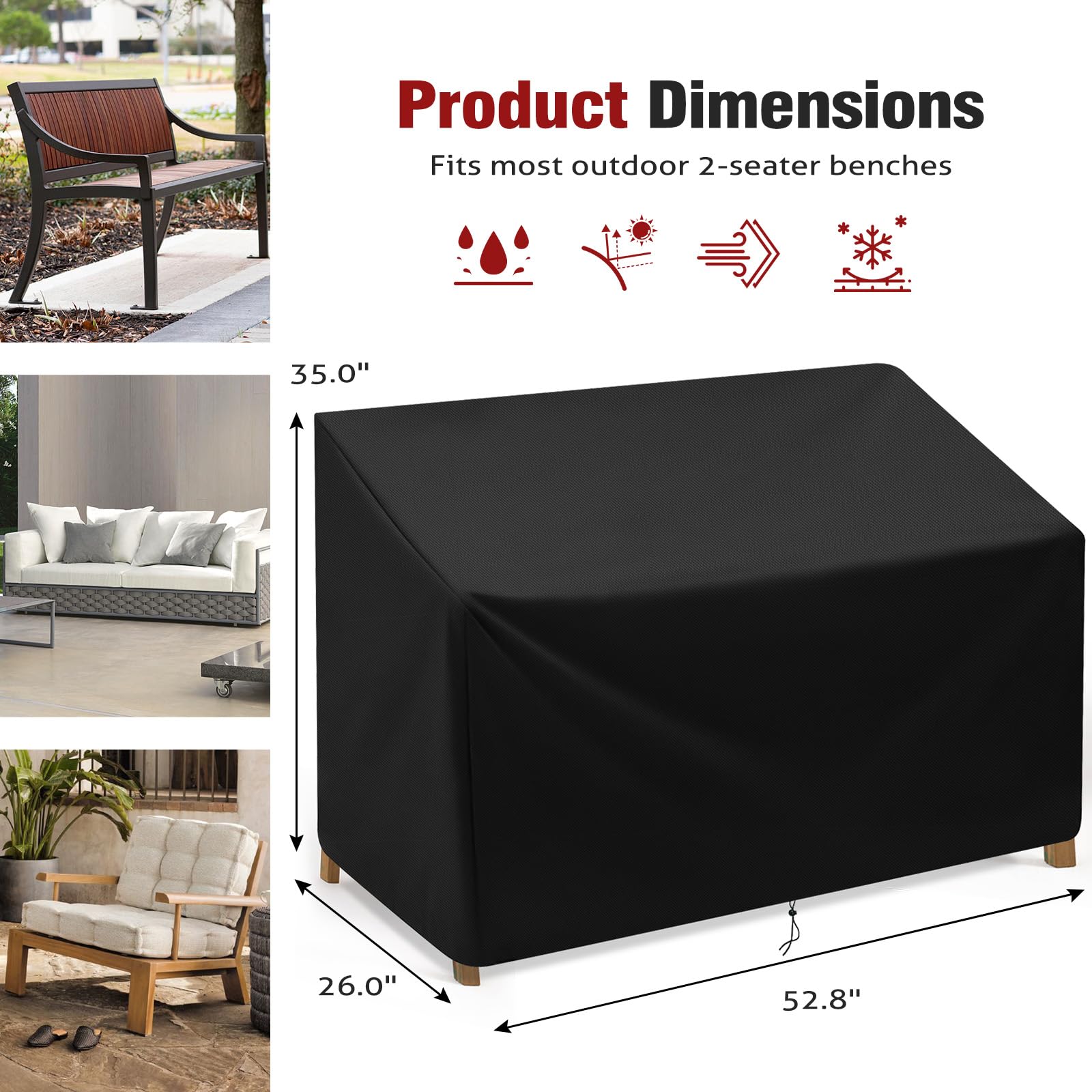 Outdoor Bench Cover for 2-Seater, 600D Patio Bench Furniture Covers with Air Vents, Heavy Duty All Weather Resistant Bench Cover, 53L x 26W x 35H