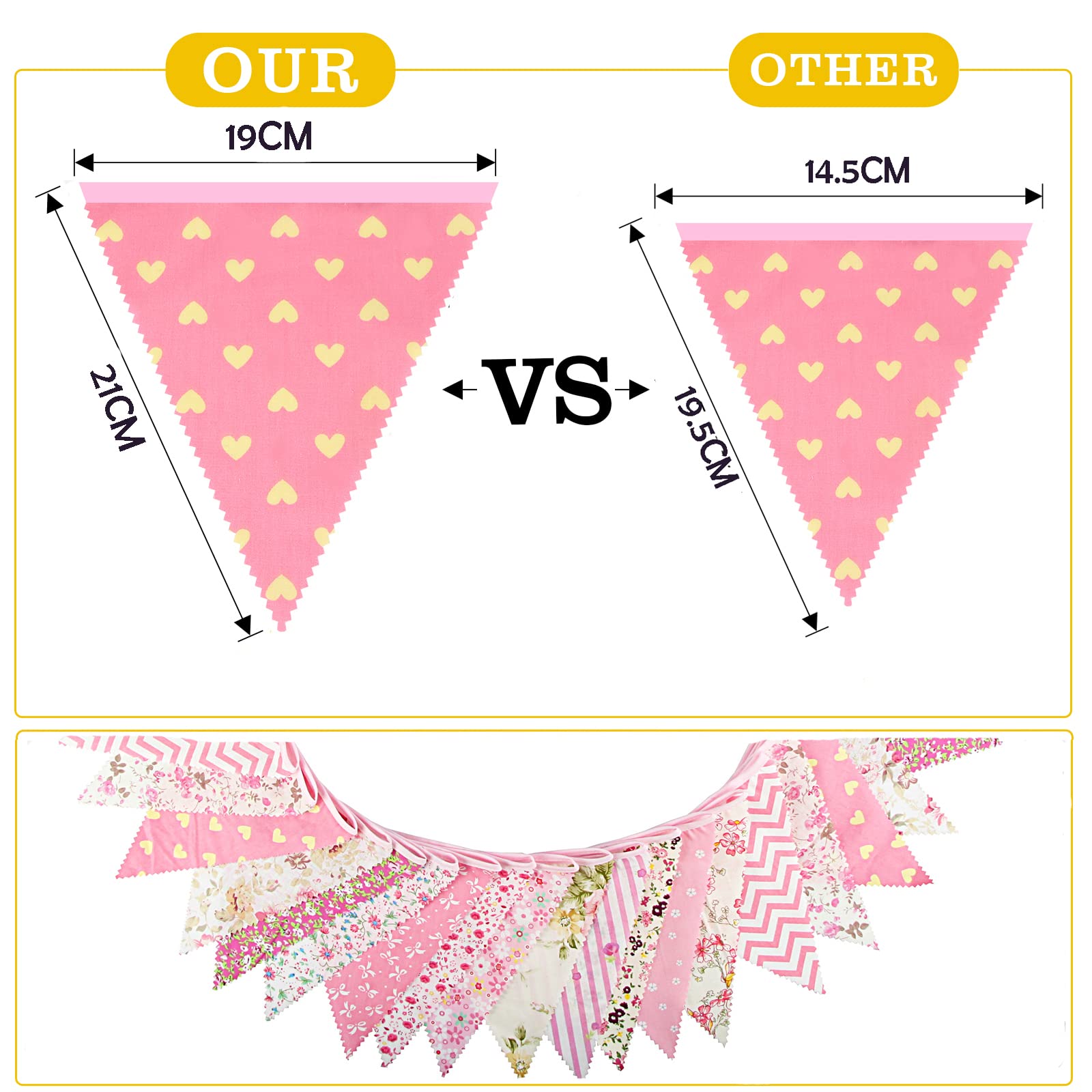 jijAcraft 39Ft Triangle Bunting Banner, 42Pcs Tea Floral Party Bunting Cotton Fabric Flags Pennant Garlands for Birthday Party, Wedding, Baby Shower, Outdoor and Home Decorations (Pink)