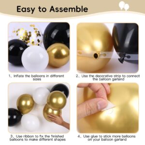 RUBFAC 180pcs Black and Gold Balloons, Balloons Garland Arch Kit 5 10 12 18 inch Black White Metallic Gold Confetti Latex Balloons for Graduation Birthday Baby Shower Wedding