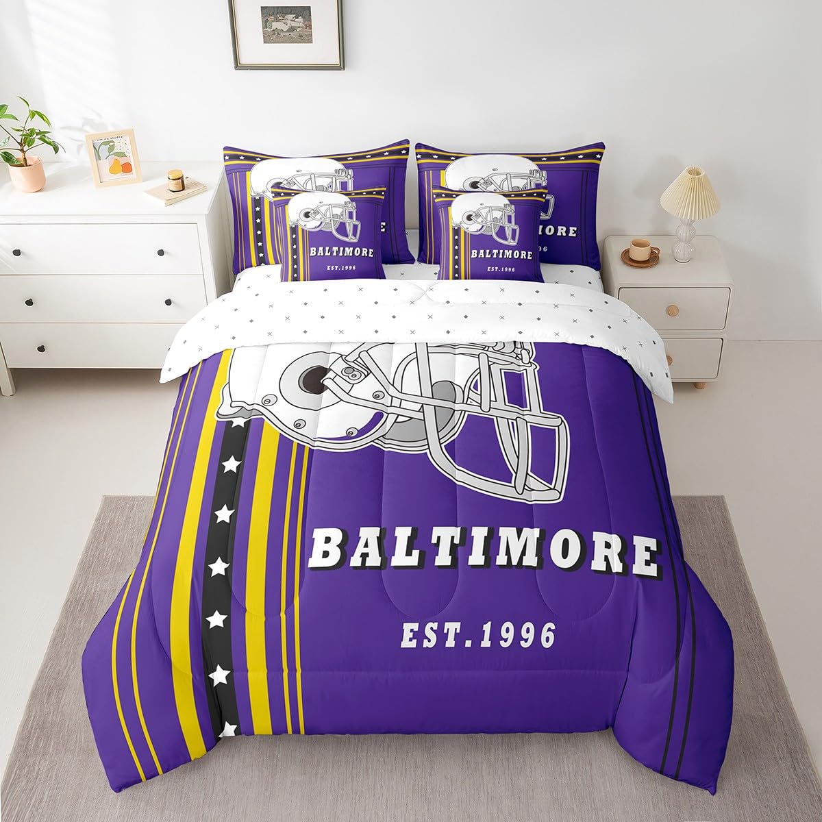 Erosebridal Football Comforter Set Twin Size 7-Piece American Football City Bedding with Sheets, Rugby Game Sports Style Bedding Comforters & Sets Bed-in-a-Bag, Purple Yellow Black (Baltimore)