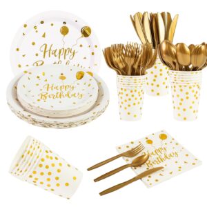 168pcs happy birthday white and gold party supplies,disposable party decorations paper plates napkins cups plastic forks knives spoons for birthday graduation bridal shower-24 guests