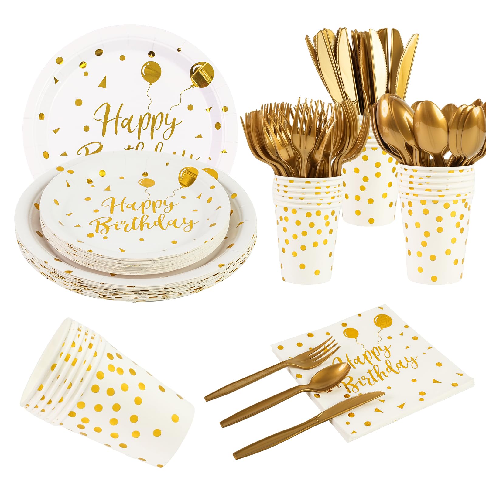 168PCS Happy Birthday White and Gold Party Supplies,Disposable Party Decorations Paper Plates Napkins Cups Plastic Forks Knives Spoons for Birthday Graduation Bridal Shower-24 Guests