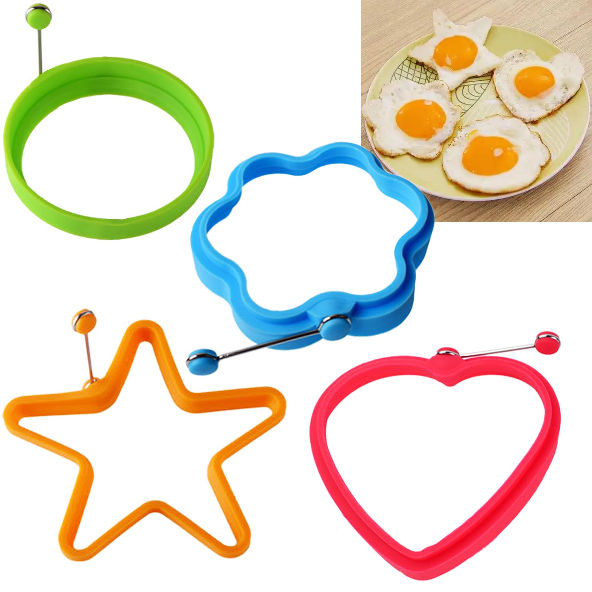 Silicone Egg Rings,Cute Egg Molds,Food Grade Egg Cooking Rings,Multicolor Egg Ring Set,Reusable Fried Egg Molds,Multi-shapes Molds for Cooking(4Pcs, 4 Inches)