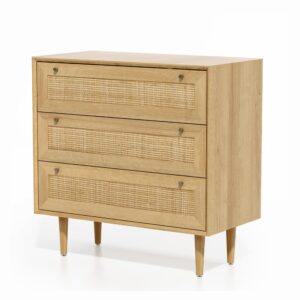 EYYTHUNG 3 Drawer Dresser for Bedroom, Rattan Modern Dresser Wood Chest of Drawers with Metal Handles,Boho Wood Storage Cabinets Corner Bedside Table for Bedroom, Living Room, Entryway, Hallway