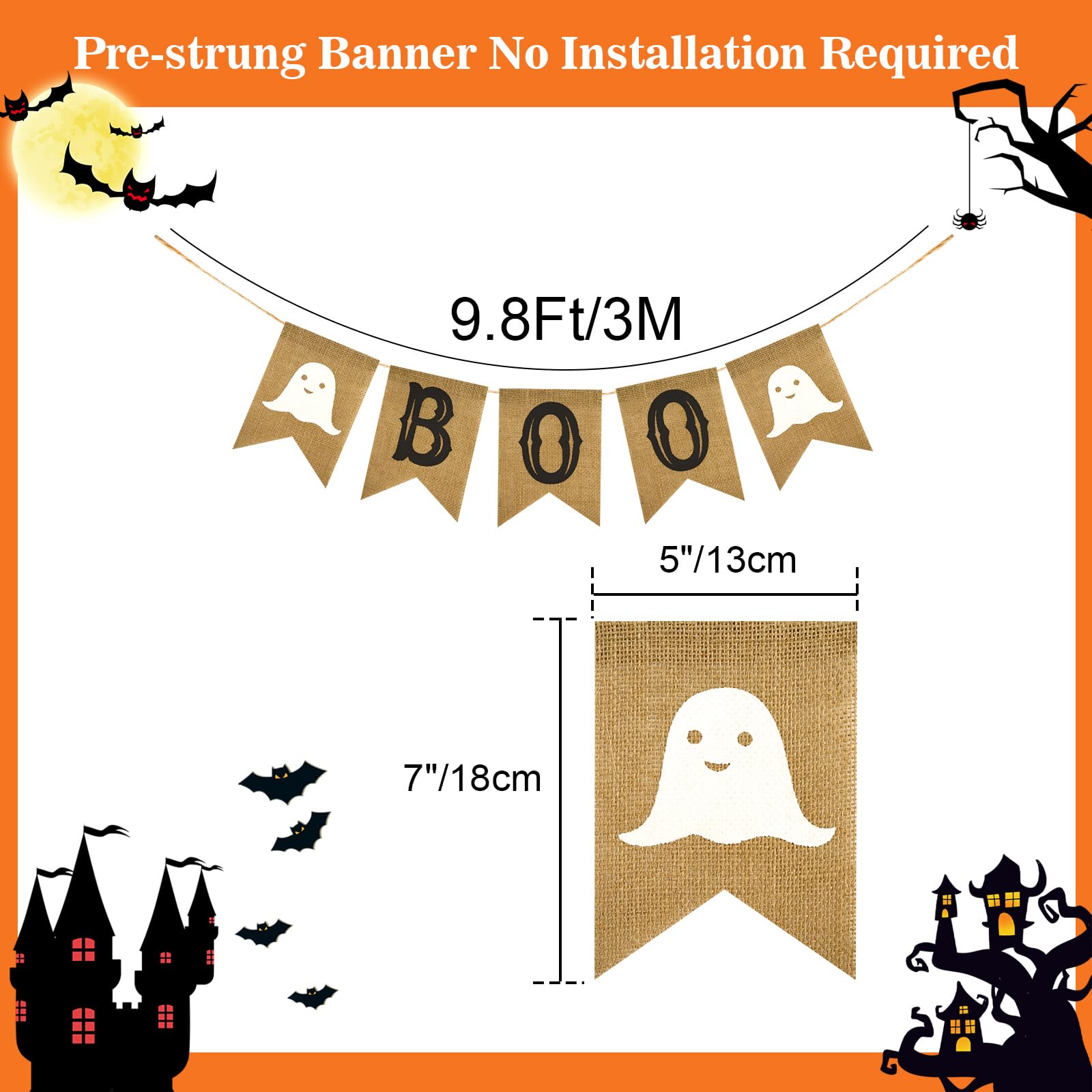 jijAcraft BOO Halloween Banner, Burlap Halloween Bunting Banner with BOO and Ghost, Happy Halloween Decorations Banner for Indoor Fireplace Wall Porch and Outdoor Halloween Party Decoration