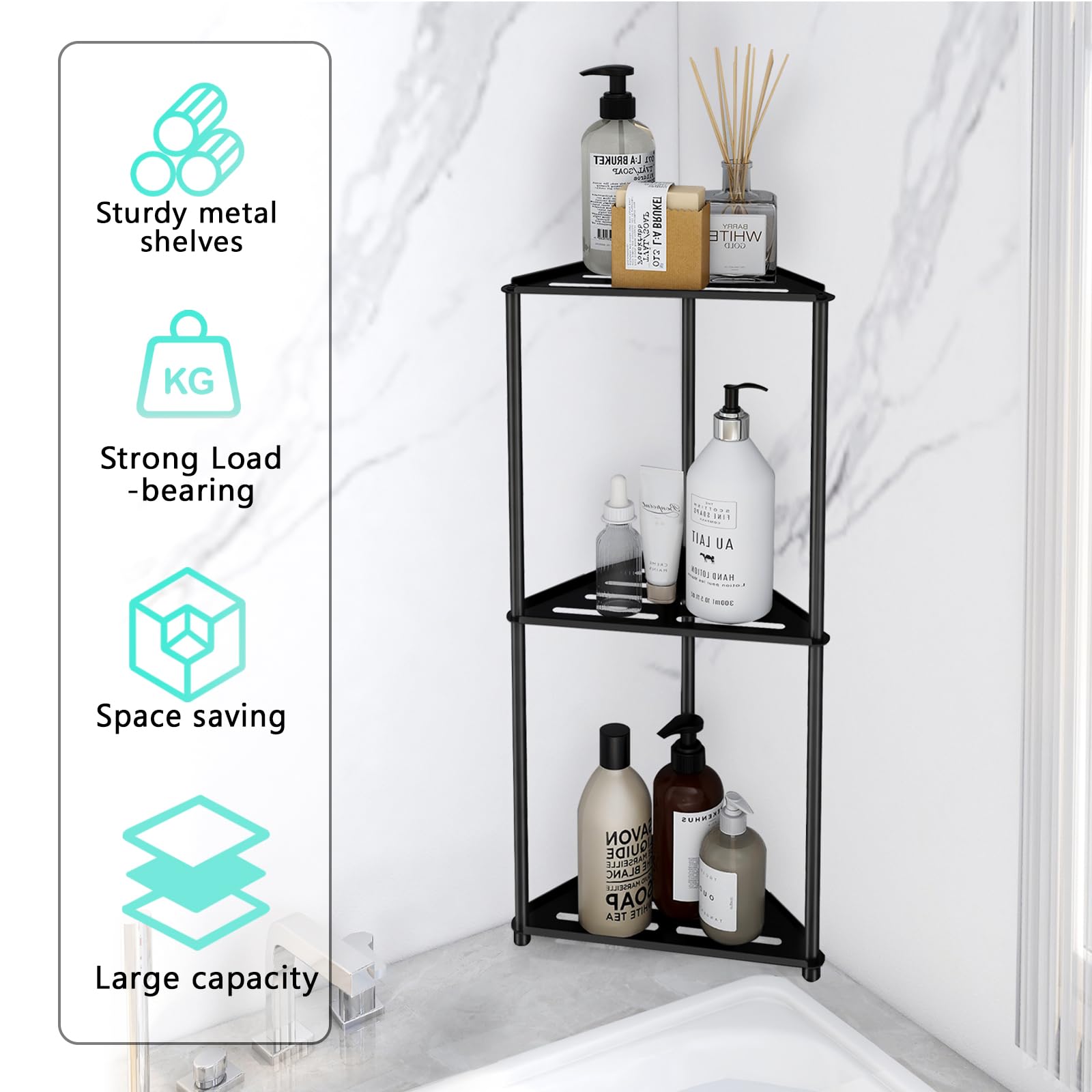 XEENEW Standing Shower Caddy Corner, 3 Tier Stainless Steel Shower Organizer Stand, Metal Rustproof Corner Shower Shelf, Shower Stands for Inside Shower Bathroom Bathtub（Matte Black）