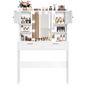 usikey vanity desk with mirror and lights, makeup vanity table with 2 drawers, 2 cabinets & 2 shelves, vanity desk, vanity table for girls women, bedroom, white