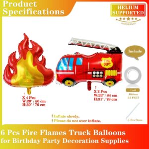 6 Pcs Red Fire Balloons, Fire Truck Balloons, Large Fire Flame Truck Balloons for Fire Firefighting Theme Decorations, Fire Shape Nylon Balloons for Fire Birthday Party Decorations Baby Shower