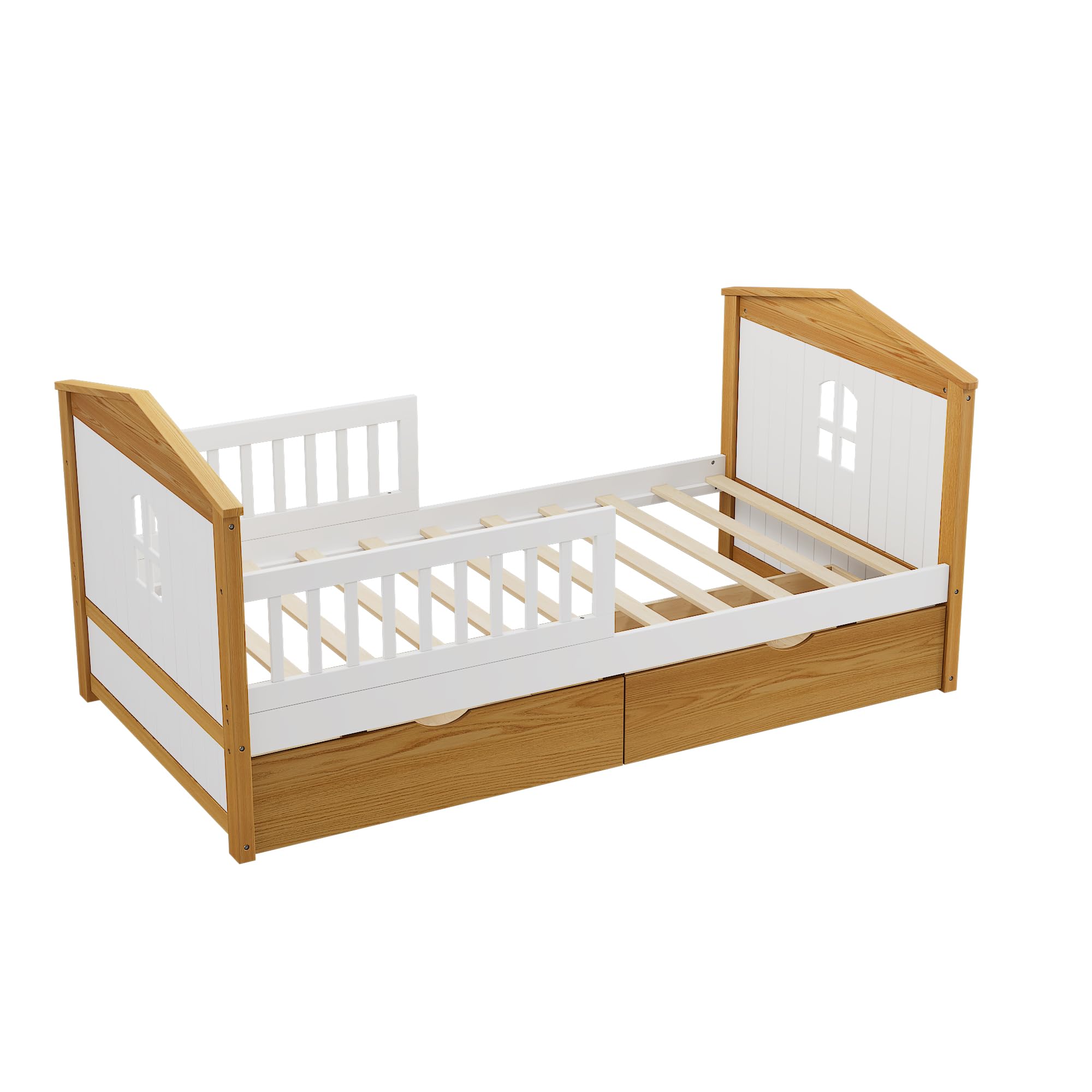 Harper & Bright Designs Twin Size House Shape Bed with Two Drawers Wooden Bed Frame for Boys Girls Kids Adults Toddler Teens, No Box Spring Needed, Walnut and White