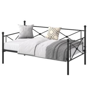 VECELO Twin Daybed with Headboard, Heavy-Duty Metal Slats Support, Sofa Bed Platform Mattress Foundation for Living Room, Guest Room, Easy Assembly, Black